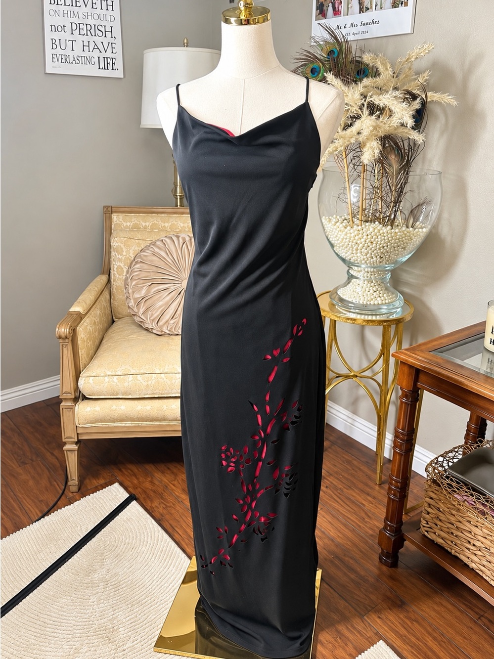 90’s Black Maxi Slip Dress with Red Accent Detailing Vintage Y2K Whimsigoth Goth